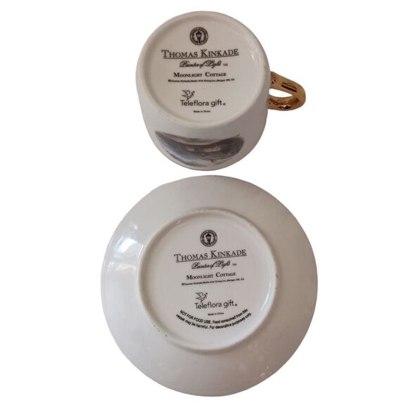 Thomas Kinkade Moonlight Cottage Tea Cup Saucer Vase Teleflora Gold Trim Set - Picture 5 of 16